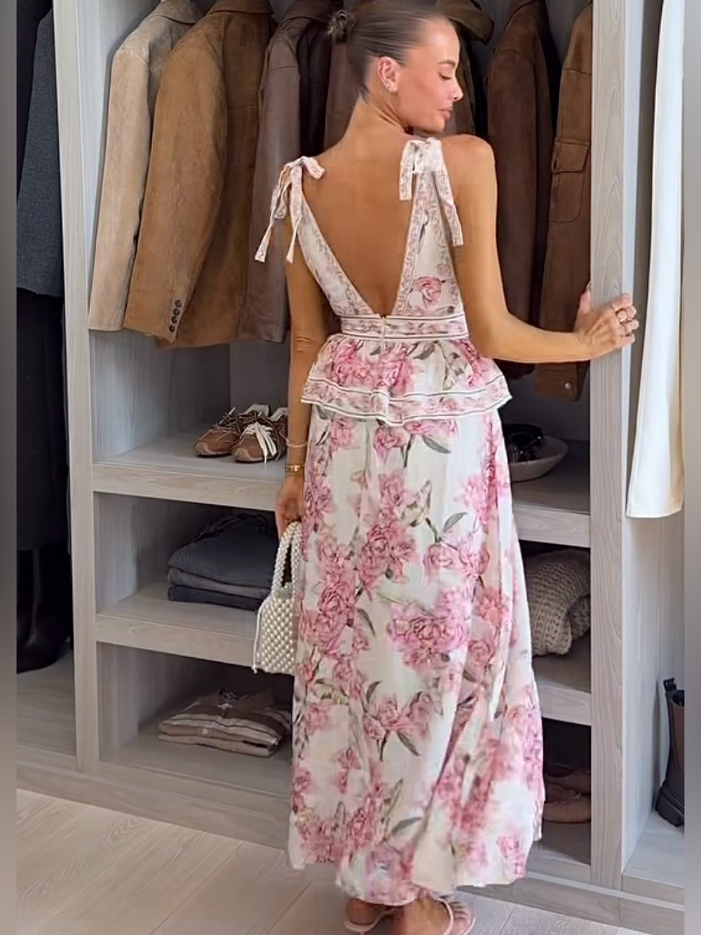 H&M NWT CREAM, PINK FLORAL LINEN-BLEND PEPLUM DRESS SIZE XS - Picture 5 of 10